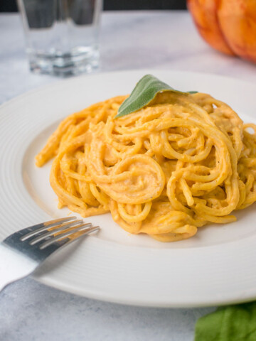Plate of linguine with pumpkin pasta sauce