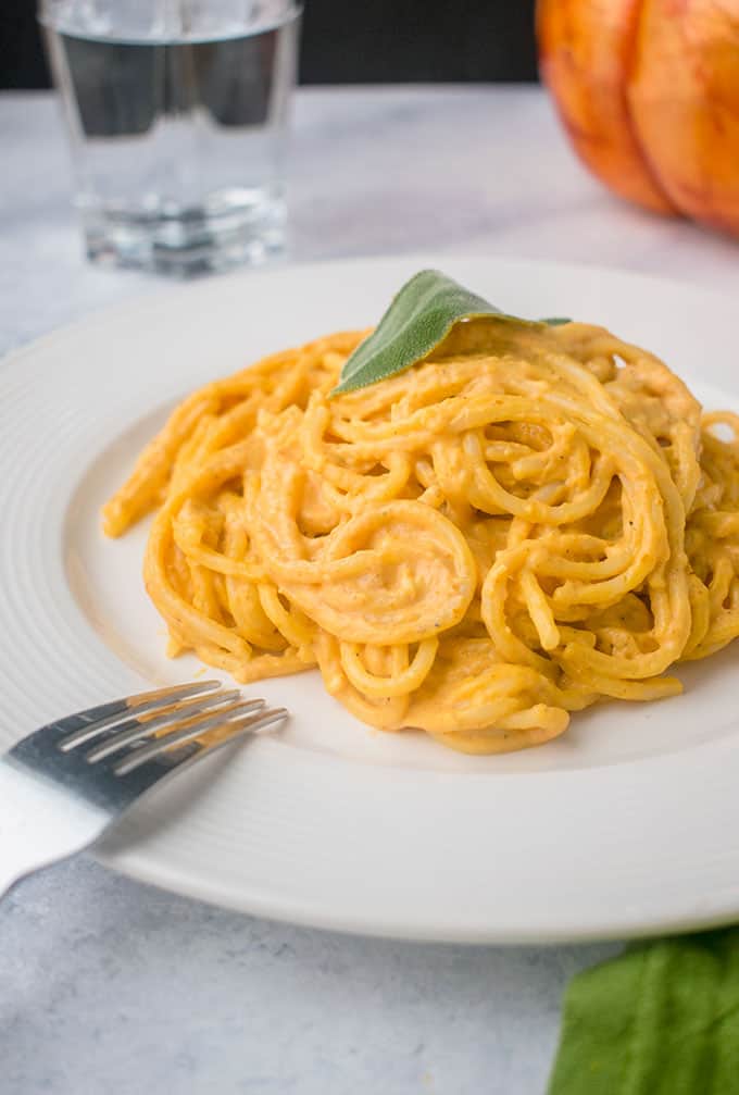 Plate of linguine with pumpkin pasta sauce