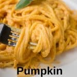 liquine twirled on fork with pumpkin alfredo sauce