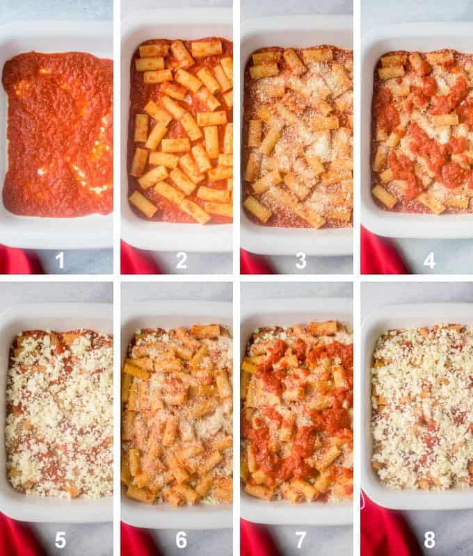 collage of sauce, pasta and cheese layers