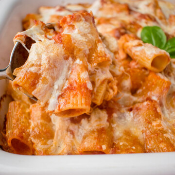 A close up of a plate of food with a slice of pizza, with Pasta and Rigatoni