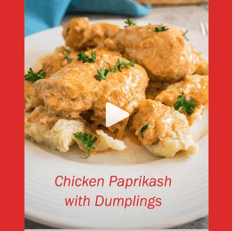 plate of chicken paprikash and dumplings