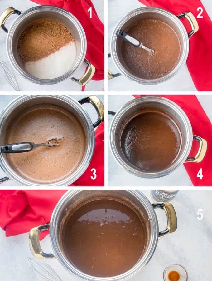 pot with cocoa and sugar, chocolate mixture in stages 