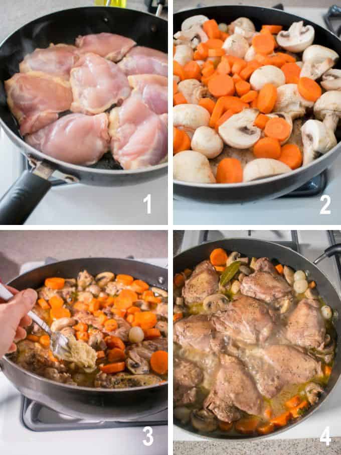chicken in pan, mushrooms and carrots on top of chicken, adding butter to pan, cooked chicken in pan