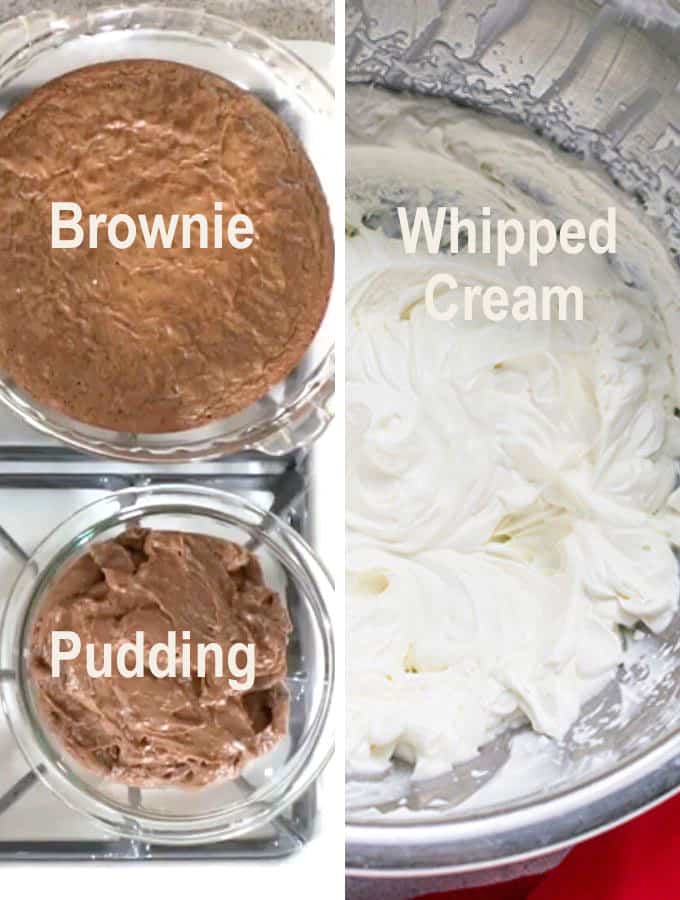 brownie pie crust, chocolate pudding, whipped cream