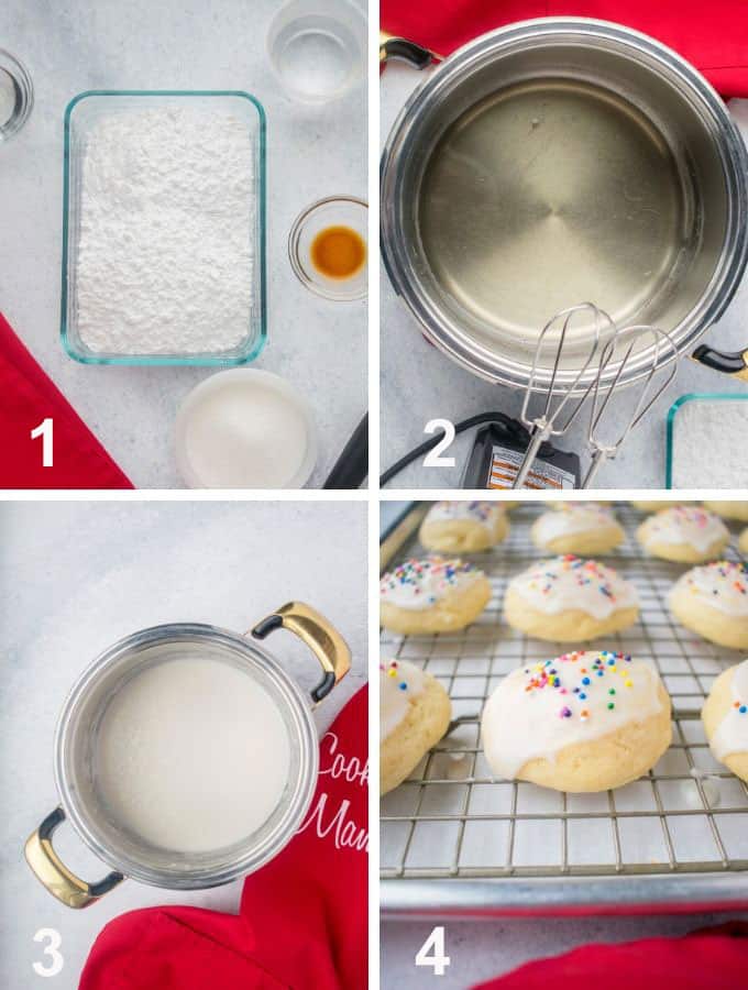 glaze ingredients, pot with clear syrup, pot of glaze, glazed cookies with sprinkles