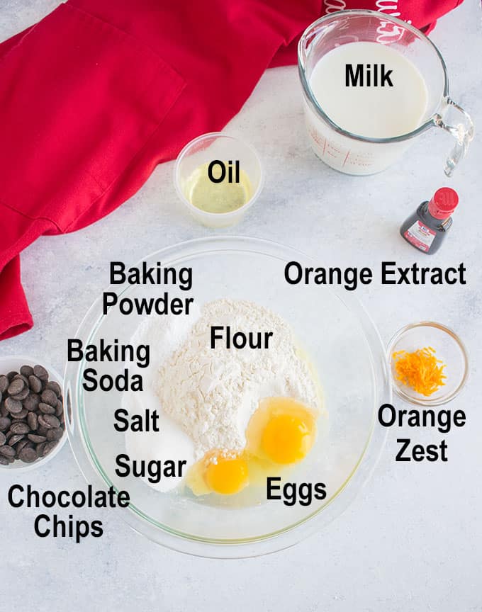 flour, eggs, chocolate chips, oil, milk, zest, extract