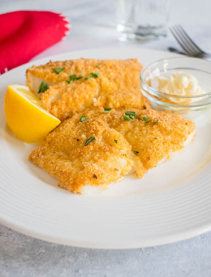 breaded fish with lemon and mayo