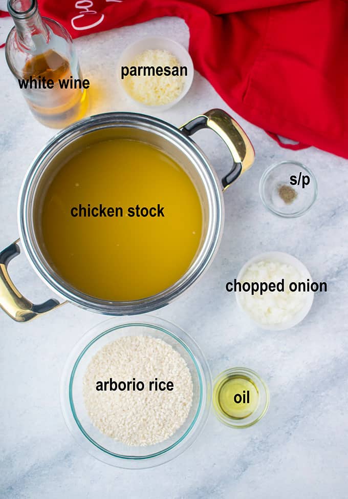 white wine, Parmesan, chicken stock, onions, rice, oil
