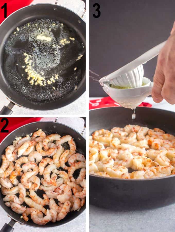 garlic in pan, shrimp in pan, squeezing lime over shrimp