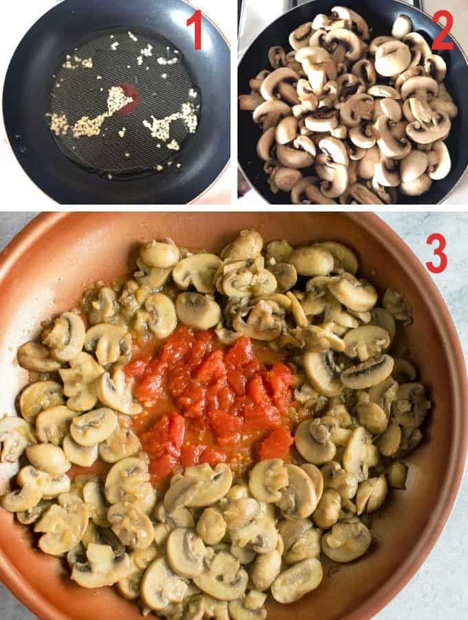 collage of garlic in pan, then raw mushrooms, then tomatoes and mushrooms