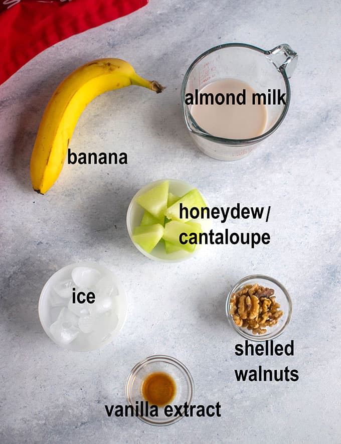 banana, almond milk, melon, walnuts, ice, extract