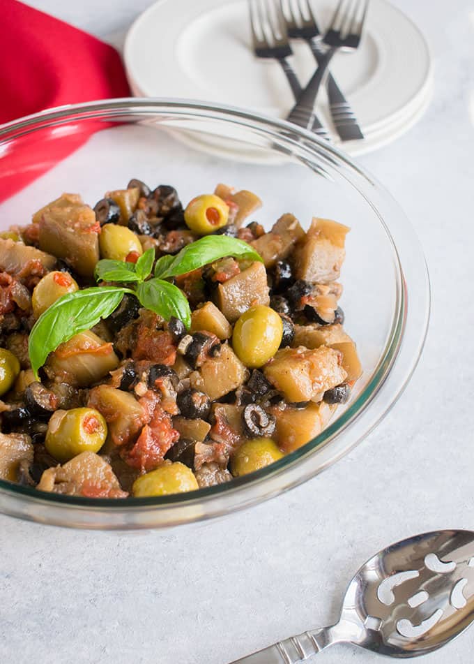 bowl of eggplant salad with olives