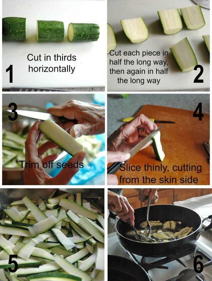 collage of cutting and frying zucchini