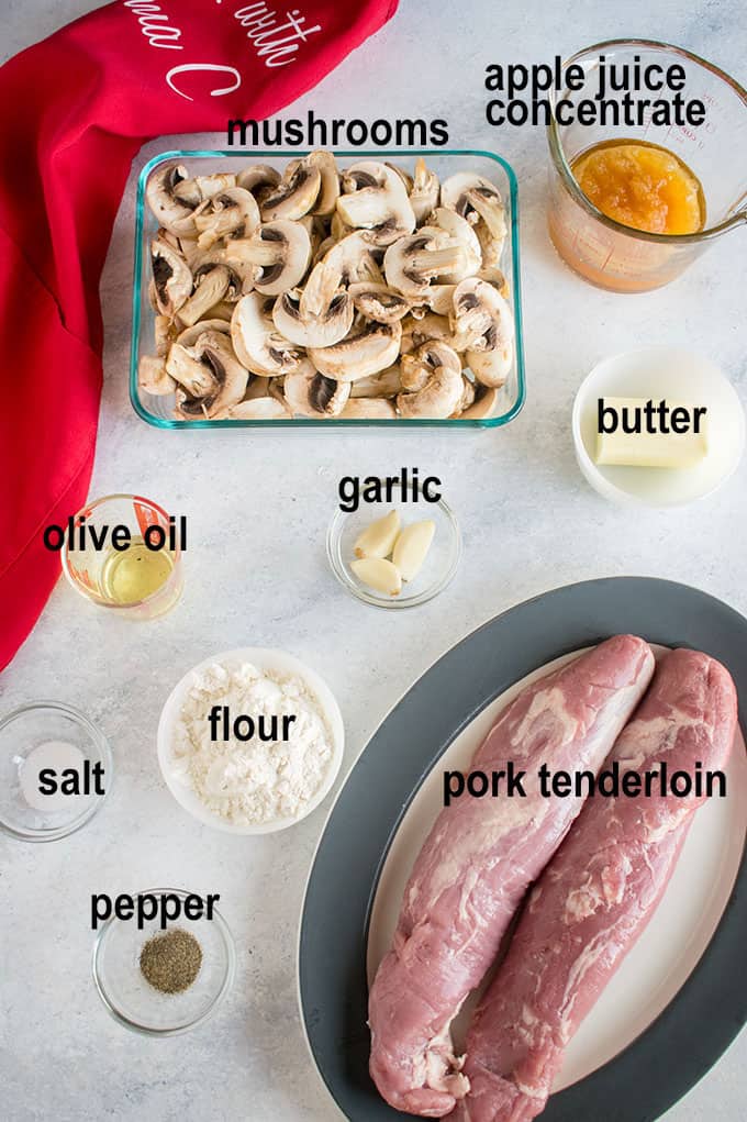 pork tenderloin, mushrooms, garlic, seasonings, butter, flour