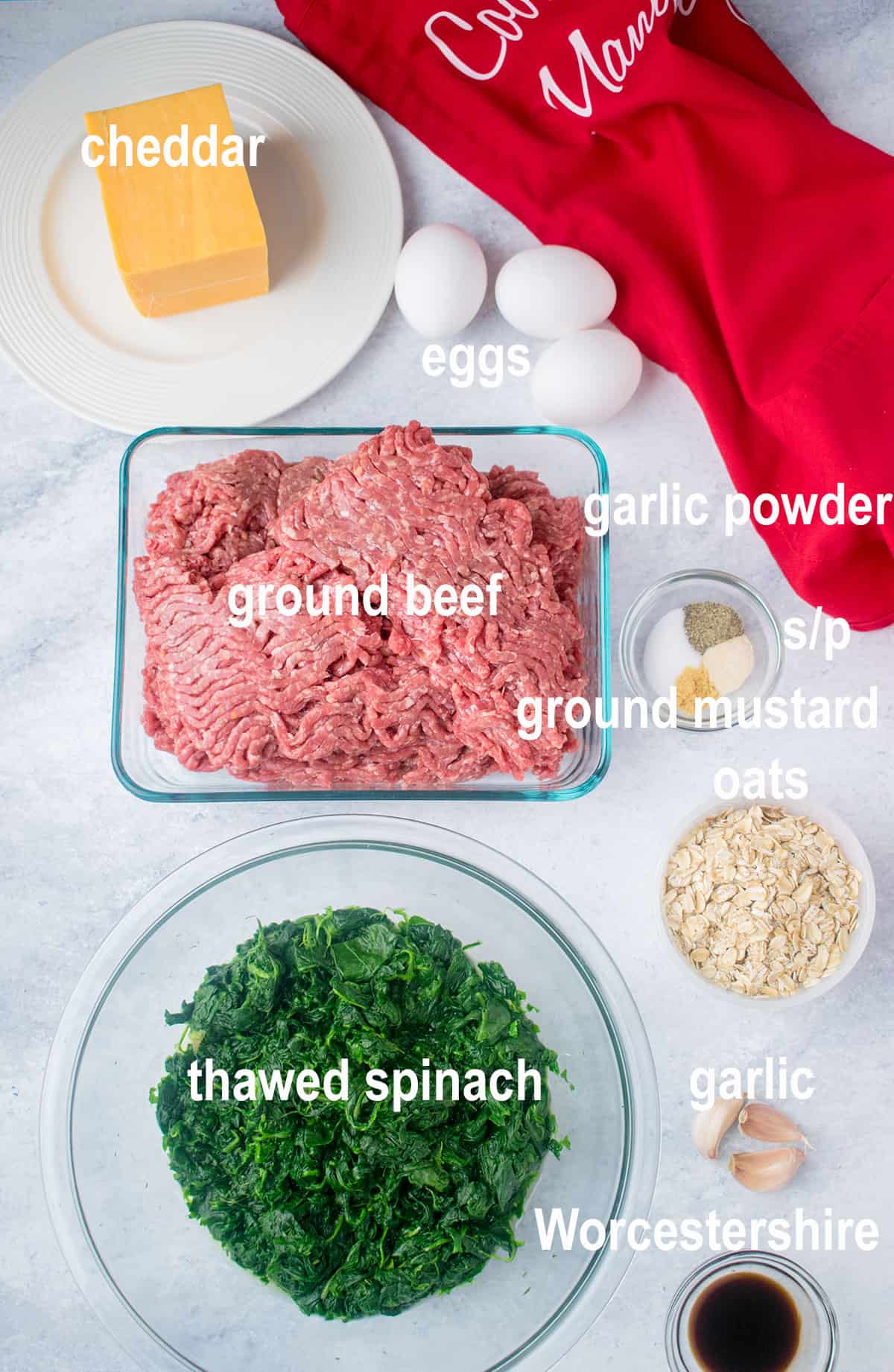 ingredients for meatloaf with cheddar and spinach