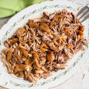 pulled pork with onions on platter