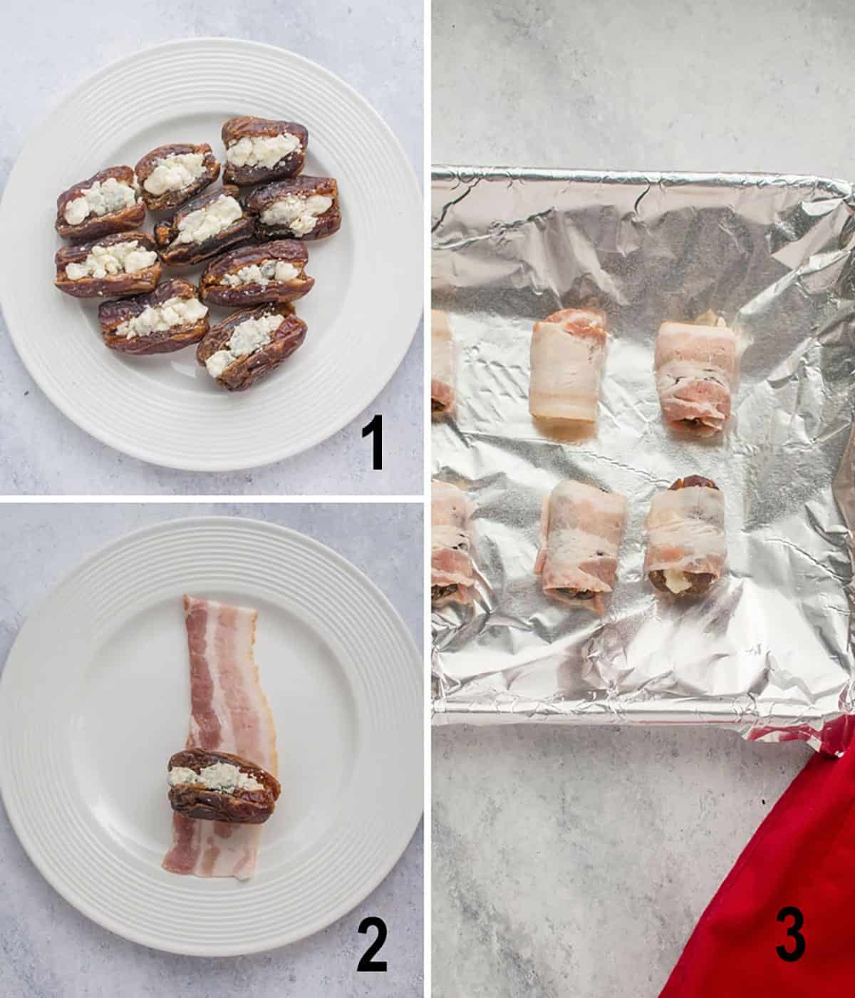 dates stuffed with cheese, placed on bacon strip, rolled in pan