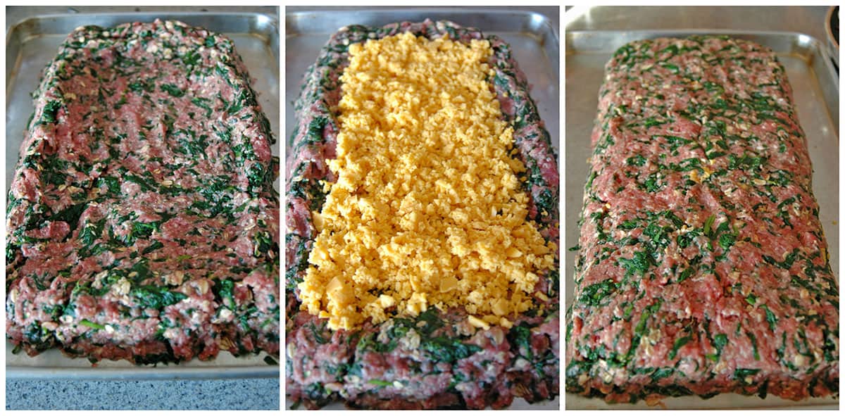 process to shape meatloaf with spinach, add cheddar and enclose