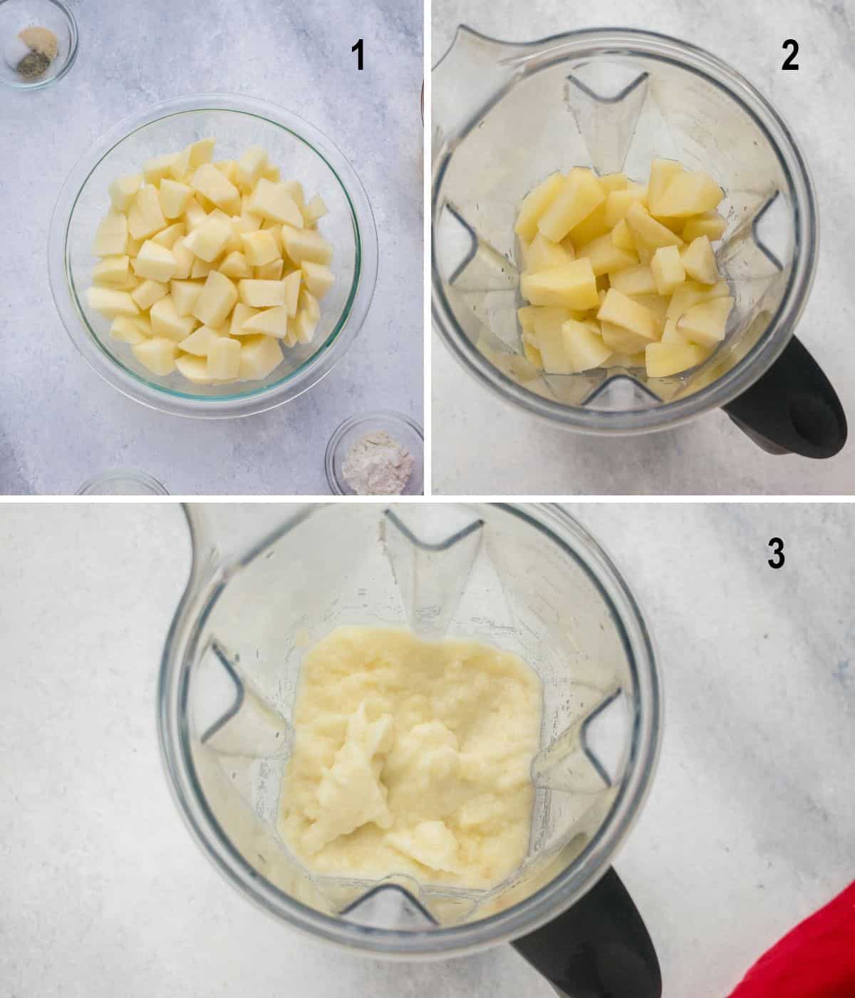 potato chunks in bowl, in blender, then mixed