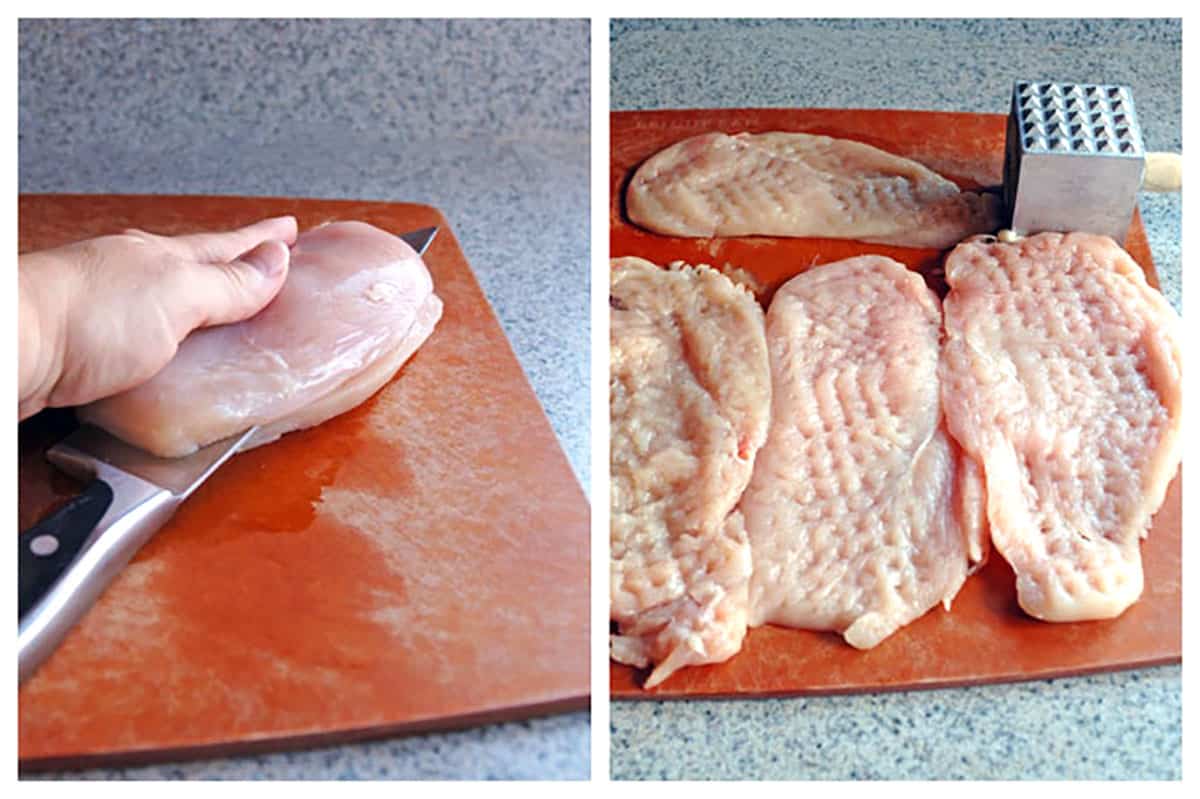 slicing raw chicken breast, pounded thin chicken cutlets