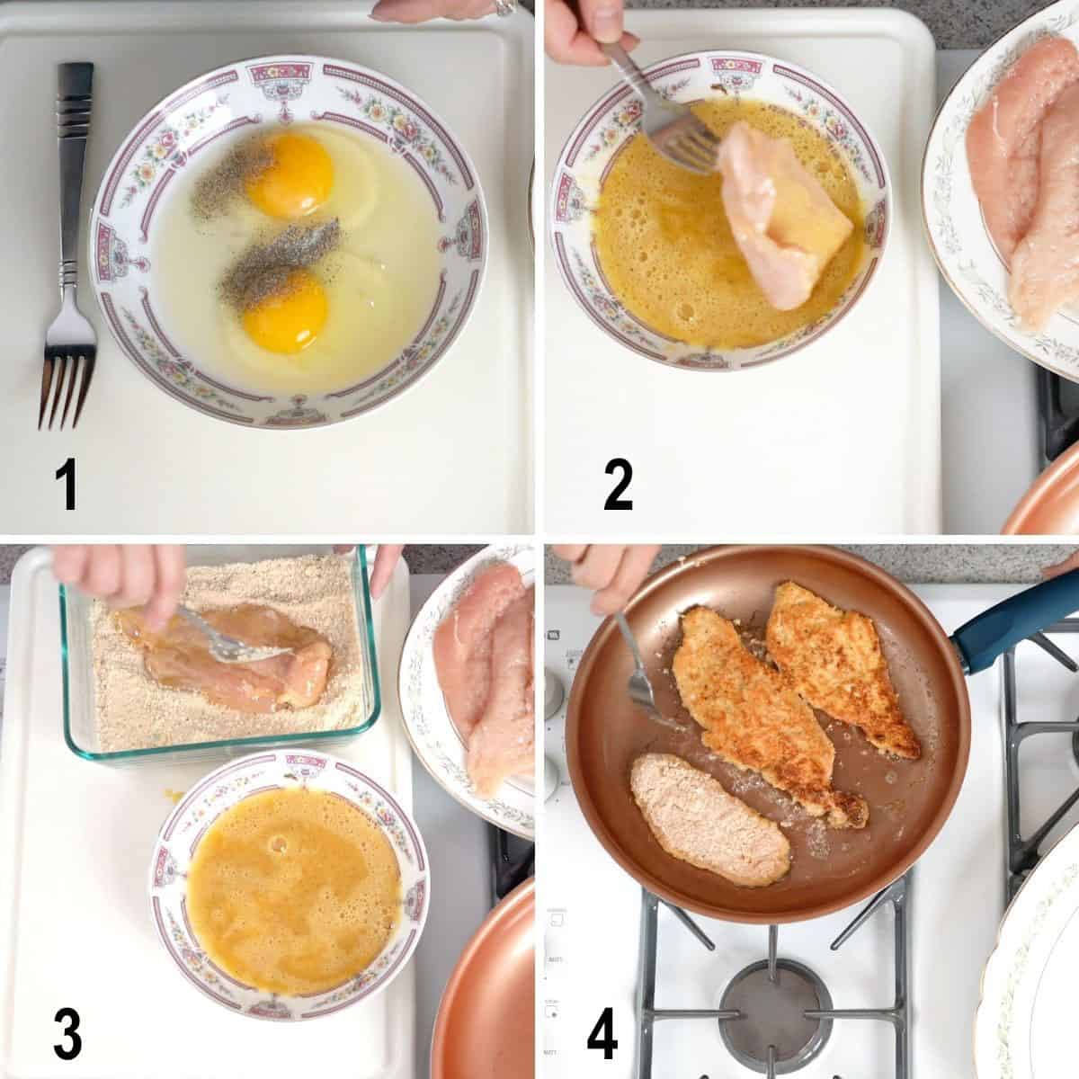 process to dip chicken in eggs, then bread crumbs, fry in pan