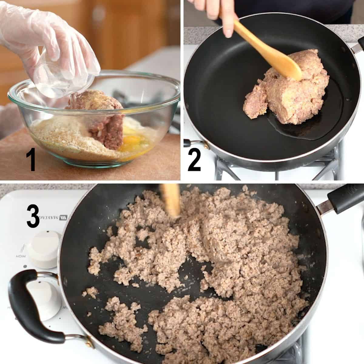 process to mix ground meat filling and cook in pan