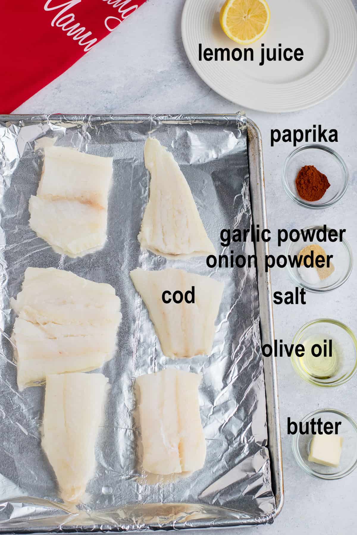 raw cod, paprika, seasonings, oil, butter, lemon 