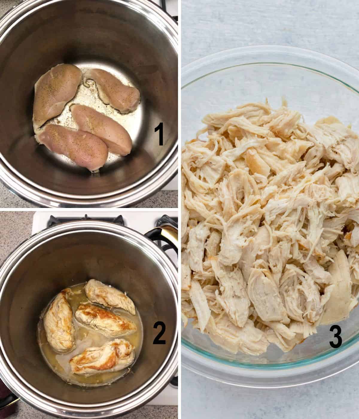 chicken breasts browning in pan, cooking in liquid, shredded chicken