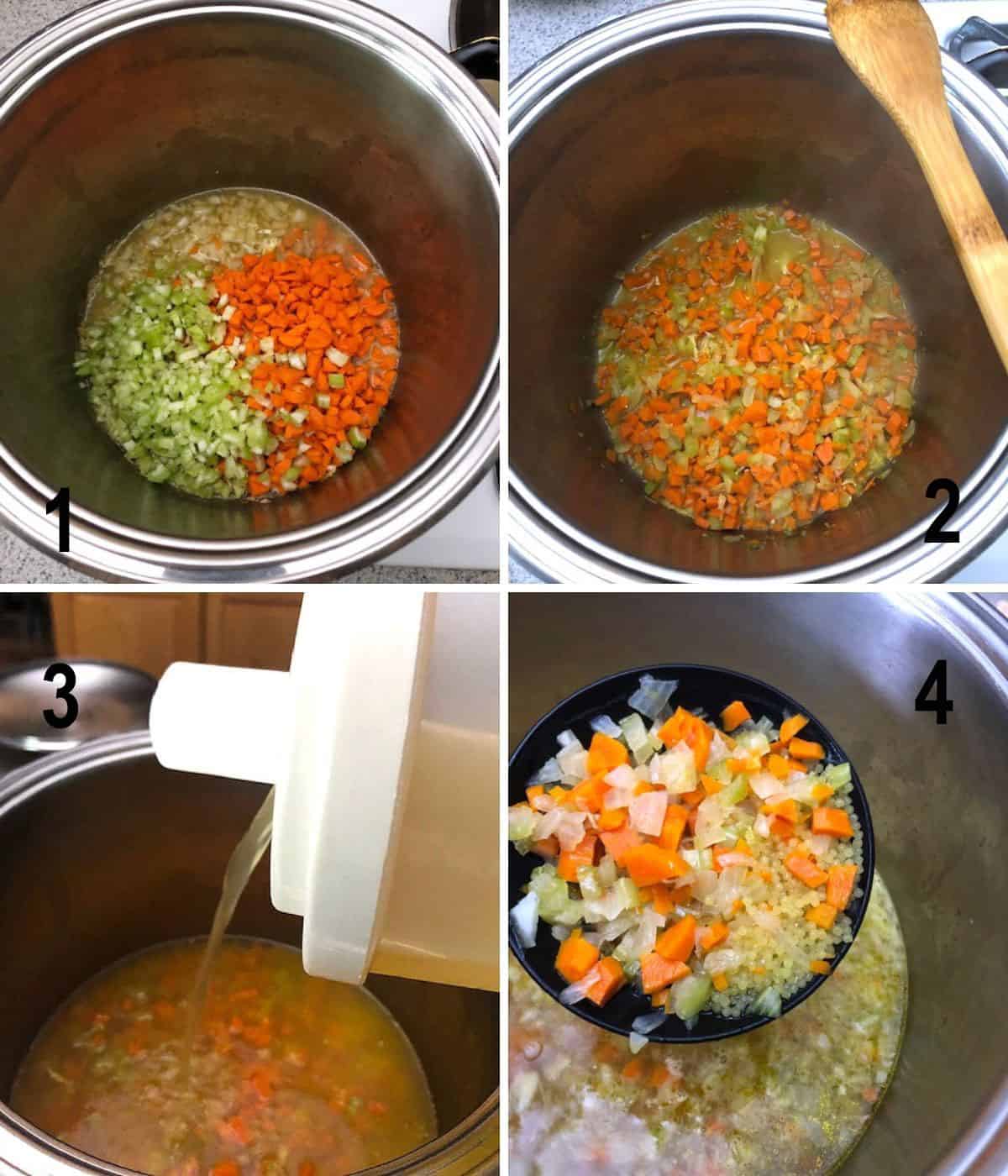 diced onions, celery, carrots in pot, pouring stock, scoop of vegetables and uncooked pastina
