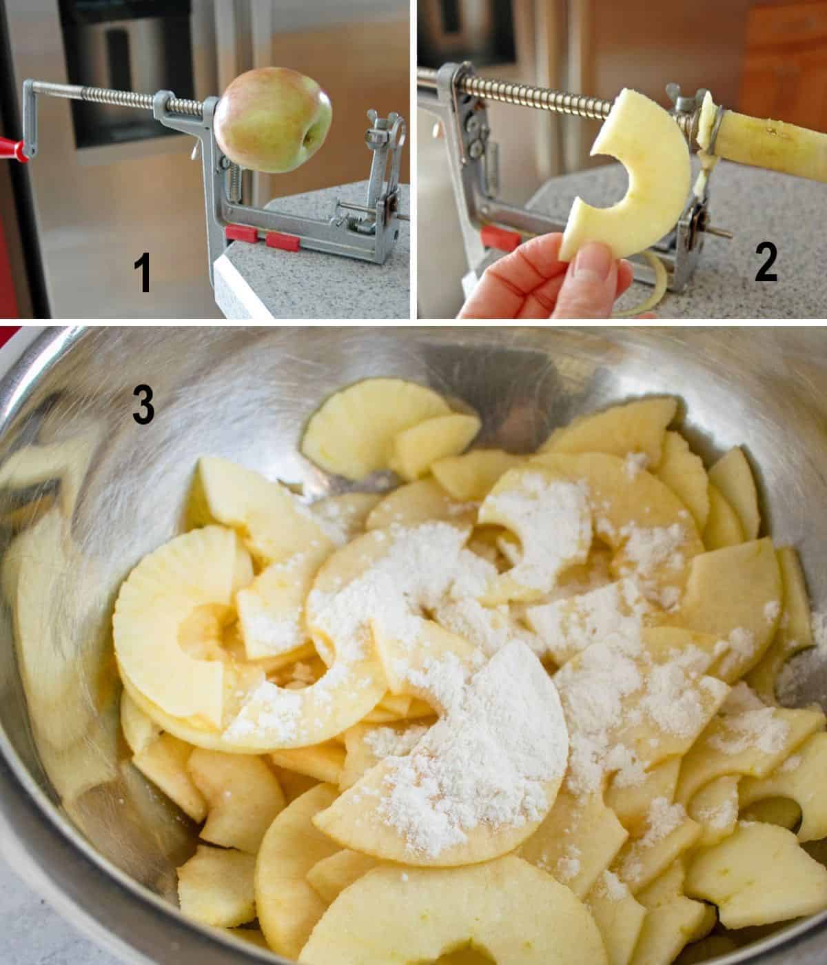 apple on coring device, holding apple slice, bowl of apple slices with flour