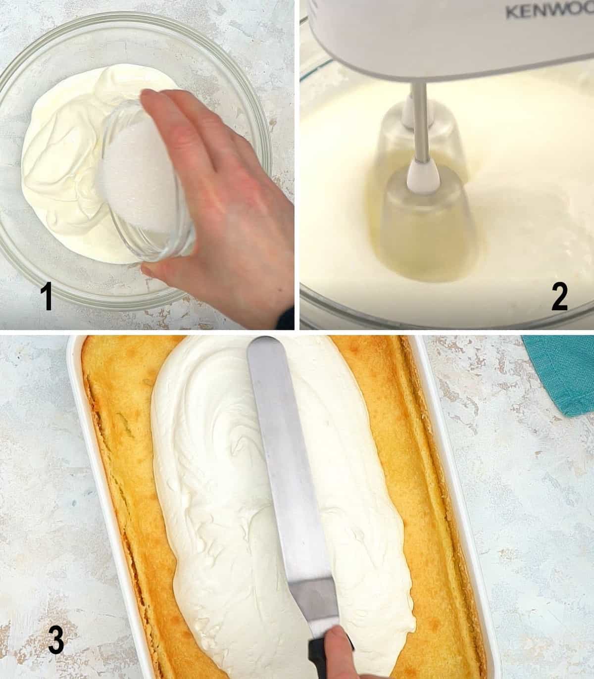 pouring sugar into sour cream, mixer beating sour cream, spreading topping on cake