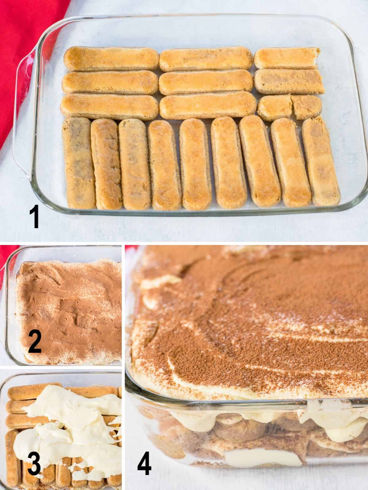 pan of lady fingers, layer with cocoa, filling, assembled tiramisu