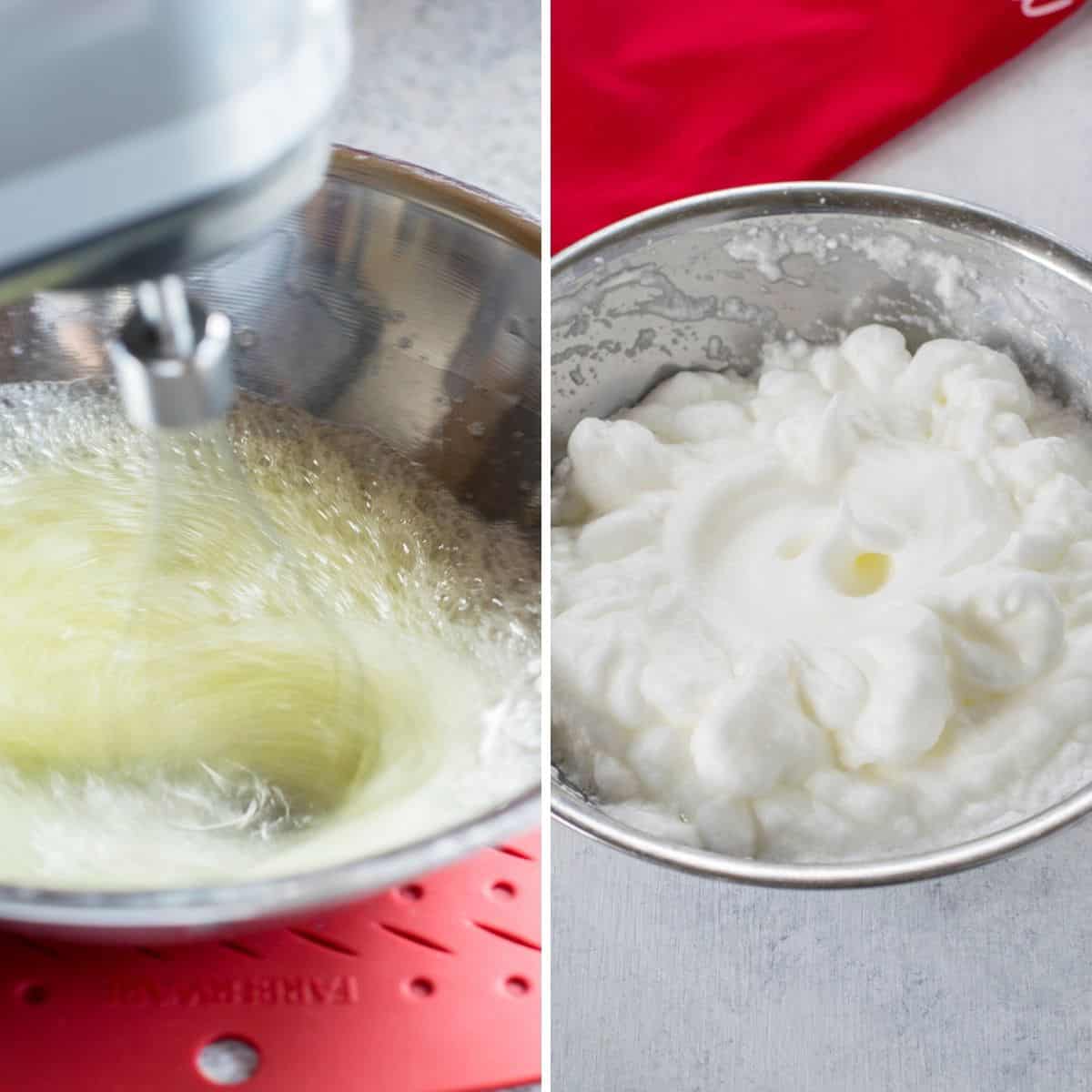mixer beating egg whites, bowl of beaten whites