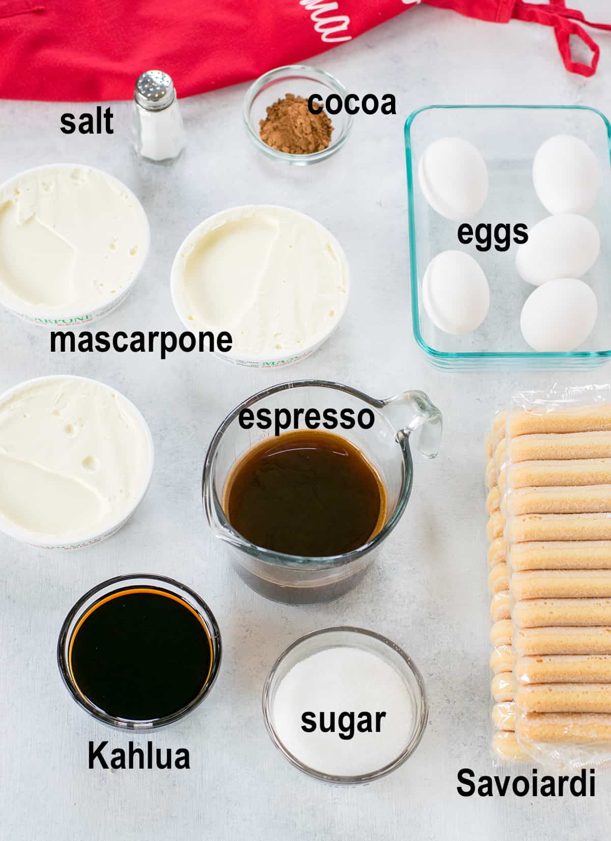 eggs, mascarpone, coffee, liqueur, cocoa, cookies, sugar, salt