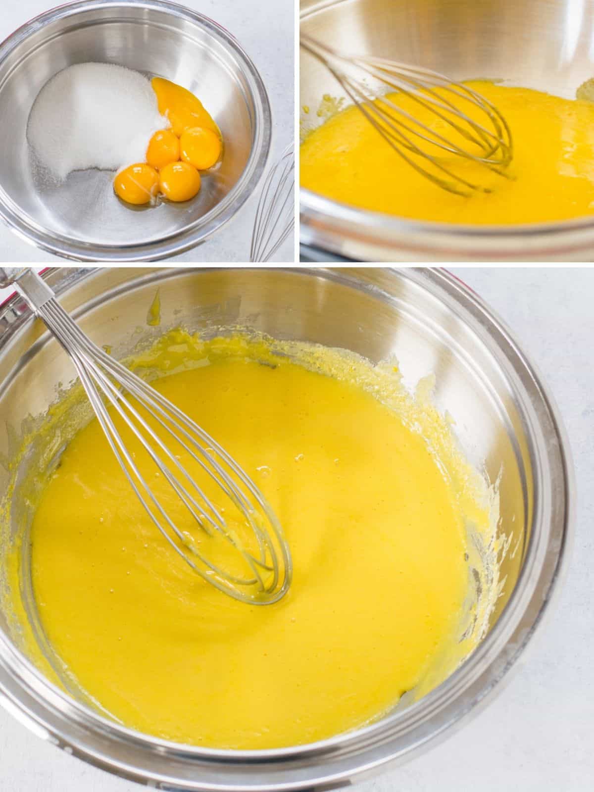 egg yolks and sugar in bowl, whisking yolks, bowl of yellow mixture with whisk