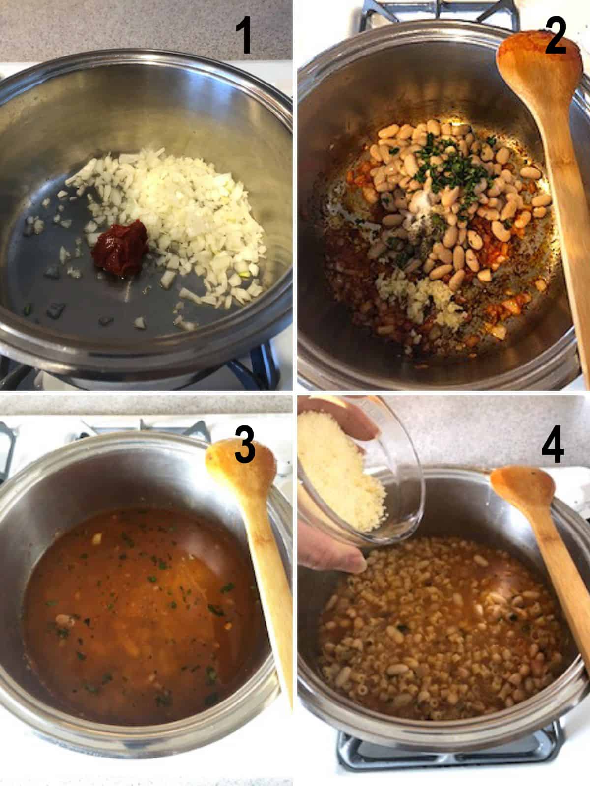 process to make pasta e fagioli in pot on stove
