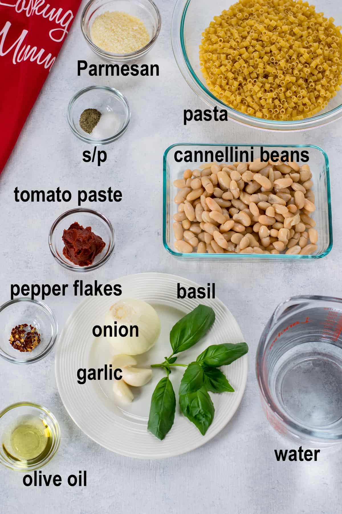pasta, beans, onion, garlic, basil, oil, tomato paste, water, Parmesan