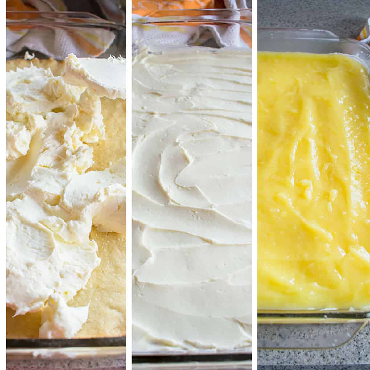 collage of cream cheese mixture on crust, cream cheese layer, lemon layer