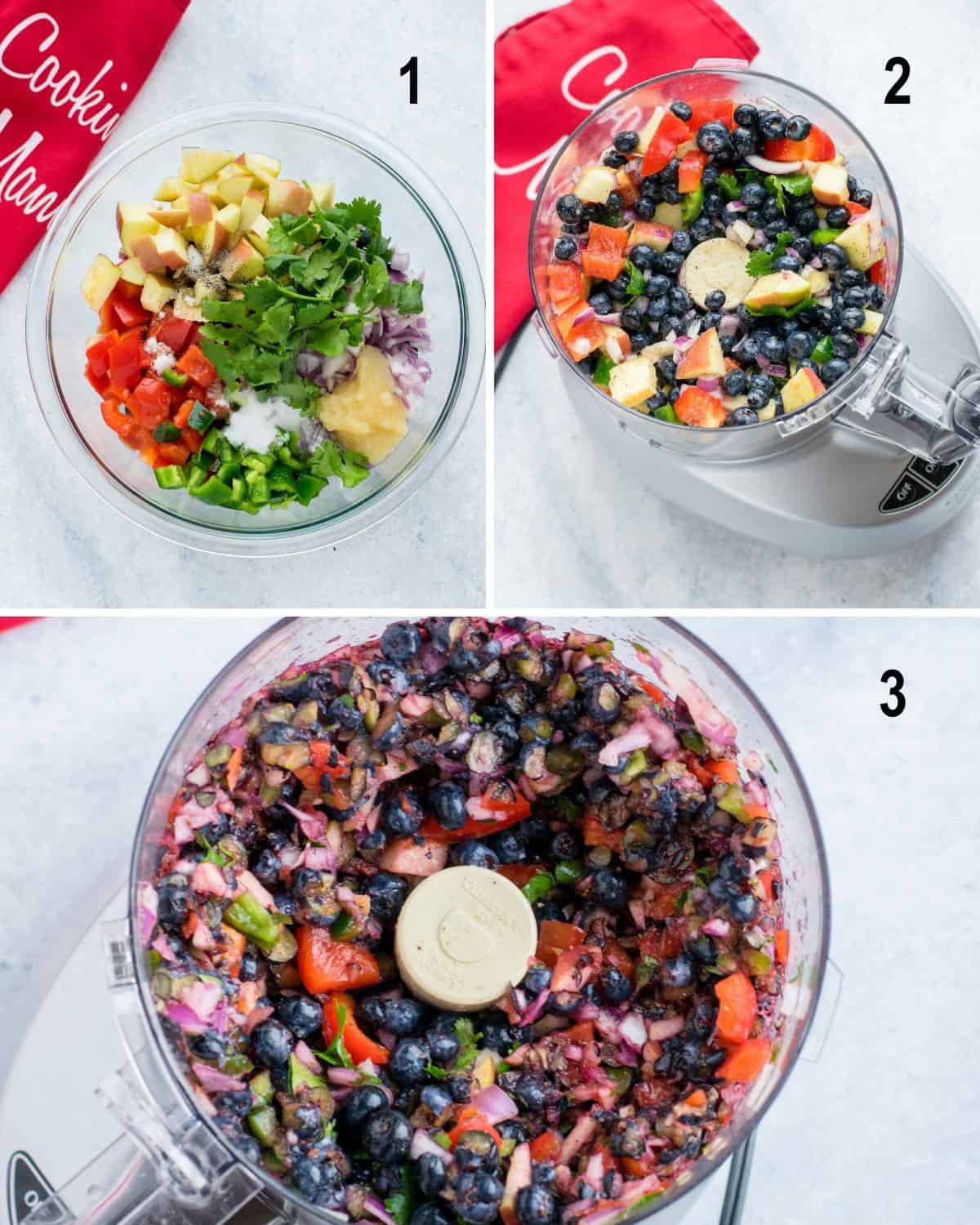 cut ingredients in bowl, food processor with blueberries and ingredients, blended blueberry salsa