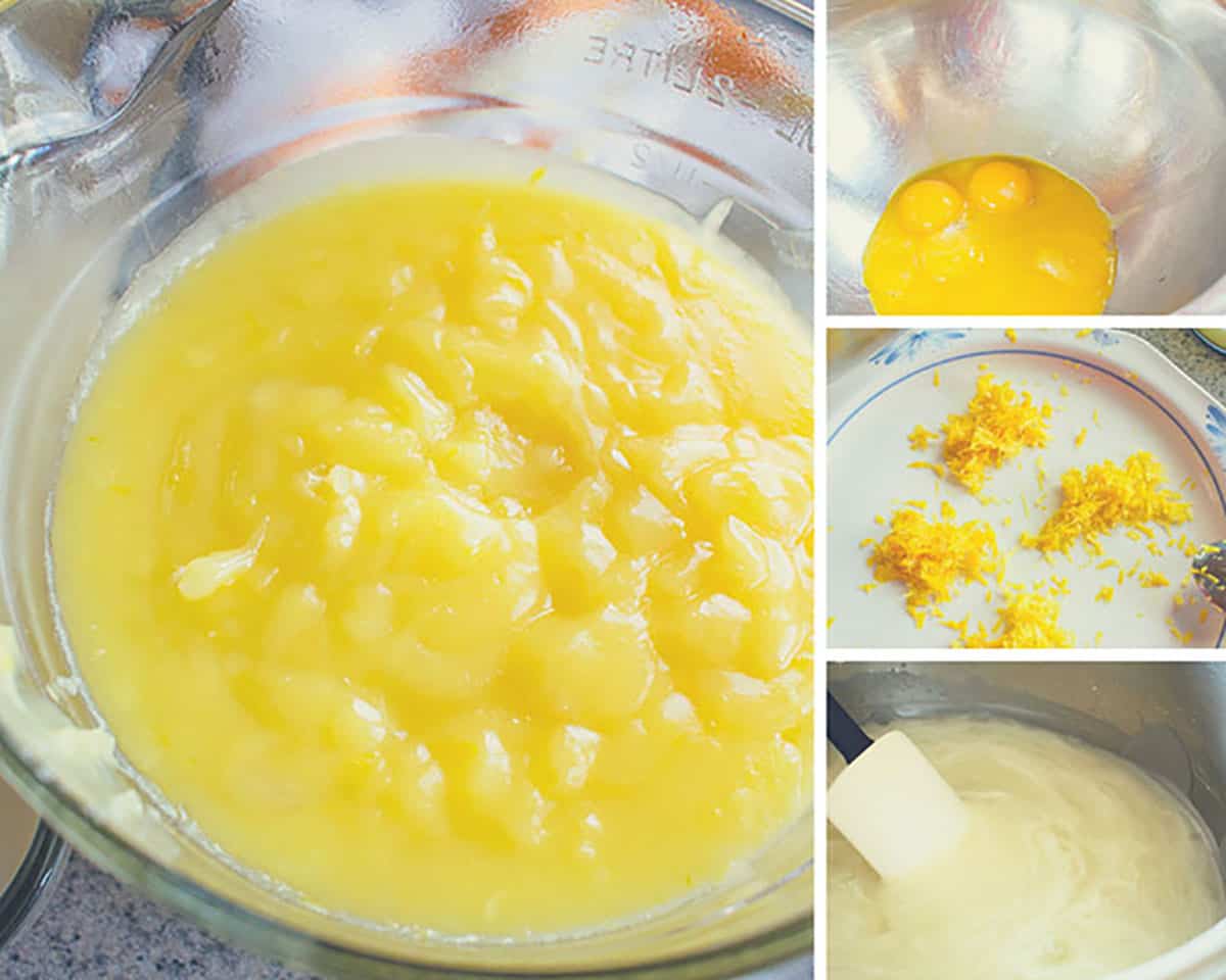 collage of lemon pudding, egg yolks, lemon zest, thickened mixture in pot