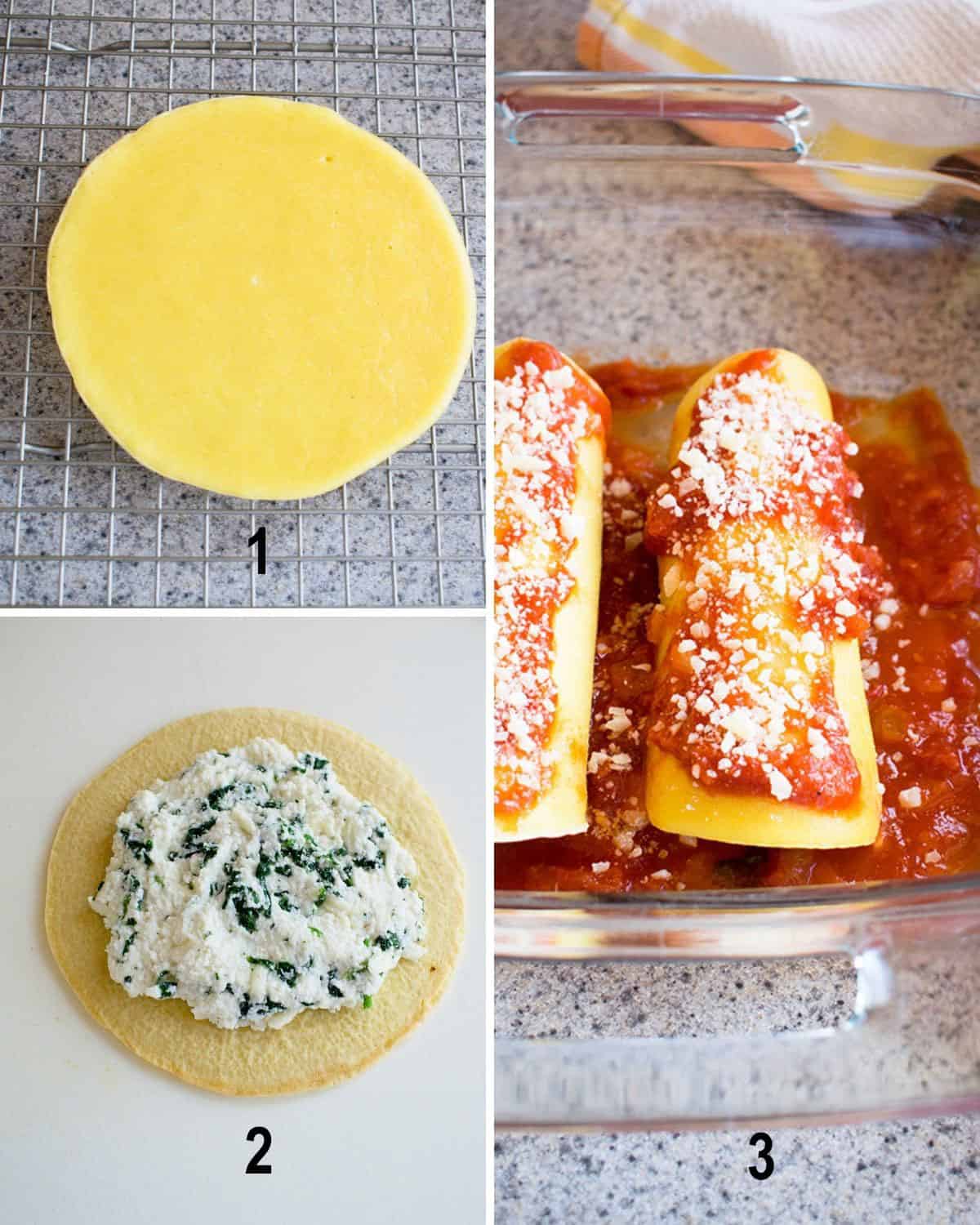 crepe, spinach-ricotta filling on crepe, rolled up manicotti in pan with tomato sauce
