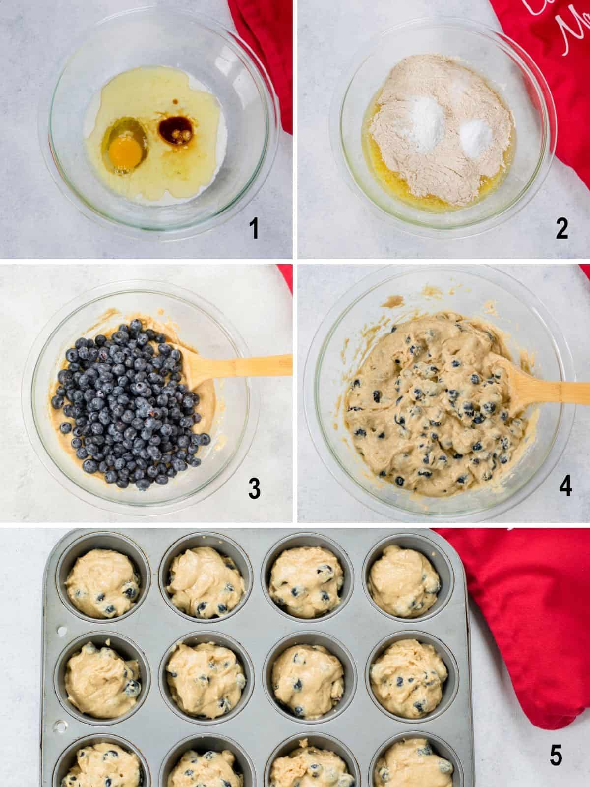 collage of making batter, blueberries added, batter in bowl and muffin tin