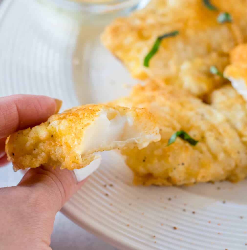 holding piece of bitten fried cod