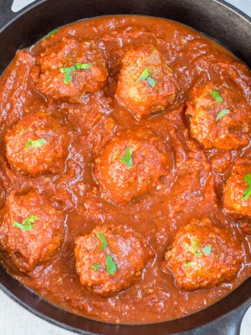 pan of meatballs with sauce