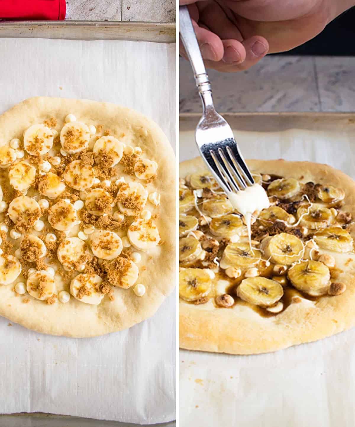 pizza dough with sliced bananas, white chocolate, brown sugar, drizzling white chocolate on top
