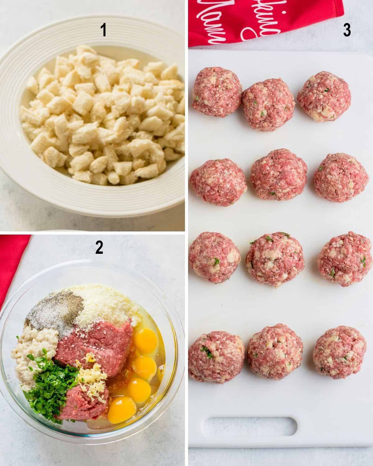bread cubes, bowl of ground meat with ingredients, rolled meatballs