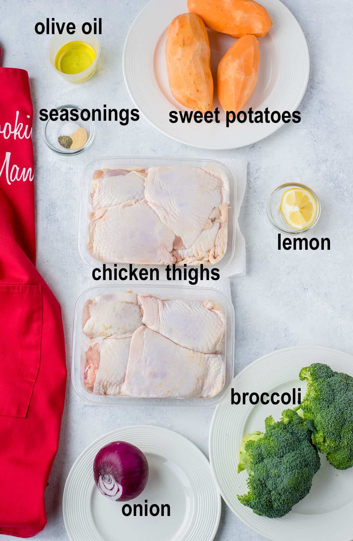 chicken, sweet potatoes, broccoli, oil, seasonings, lemon