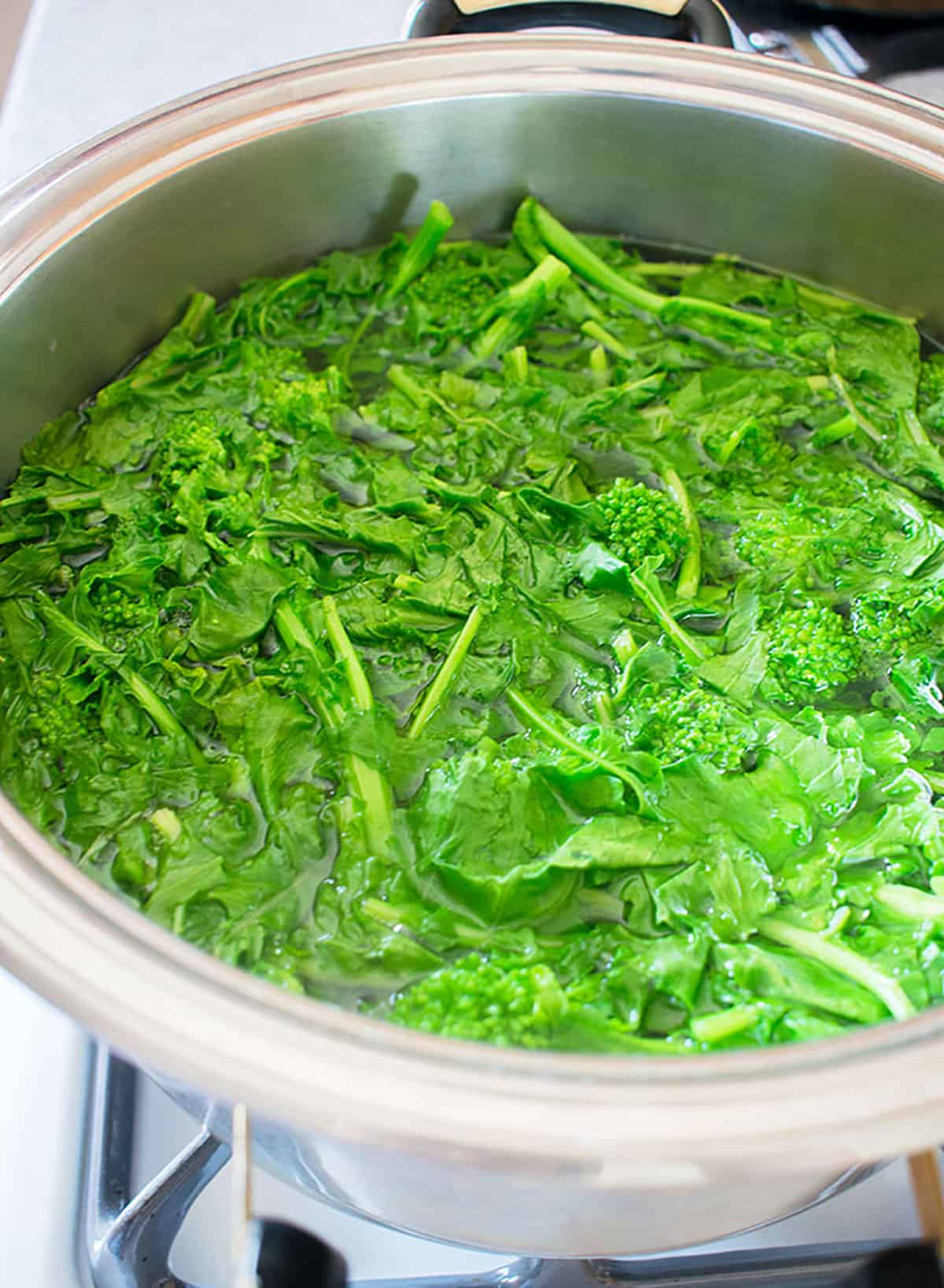 pot of rapini (broccoli rabe) boiling
