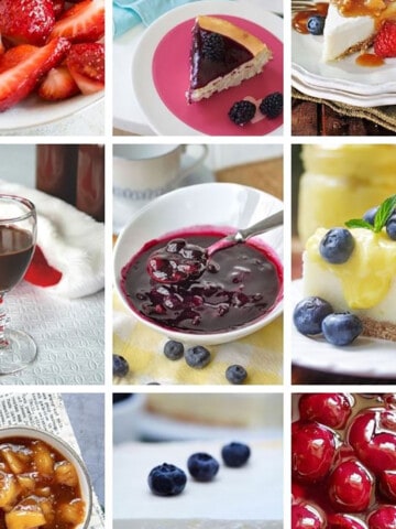 collage of cheesecake toppings such as strawberry, blueberry, lemon, chocolate